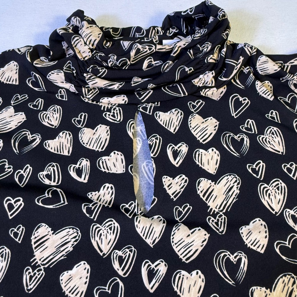 Susan Graver Black Heart Print Mock Neck Bell Sleeve Tunic Top M Stretch comfort - Picture 2 of 10